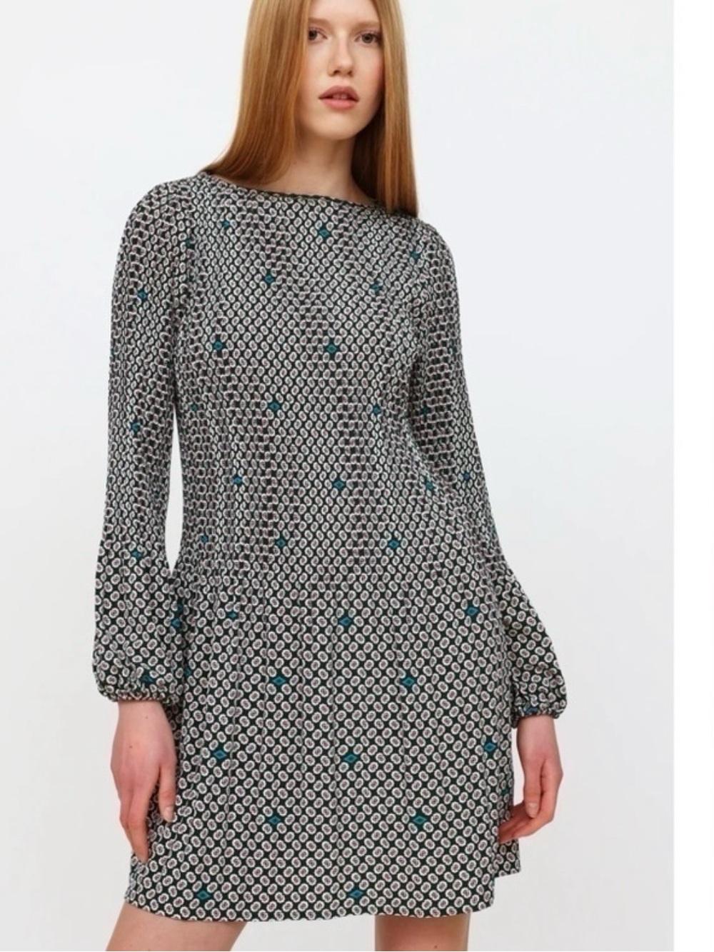 Maje Black & White Printed Mini Dress with Teal Green Pattern & Burgundy Floral